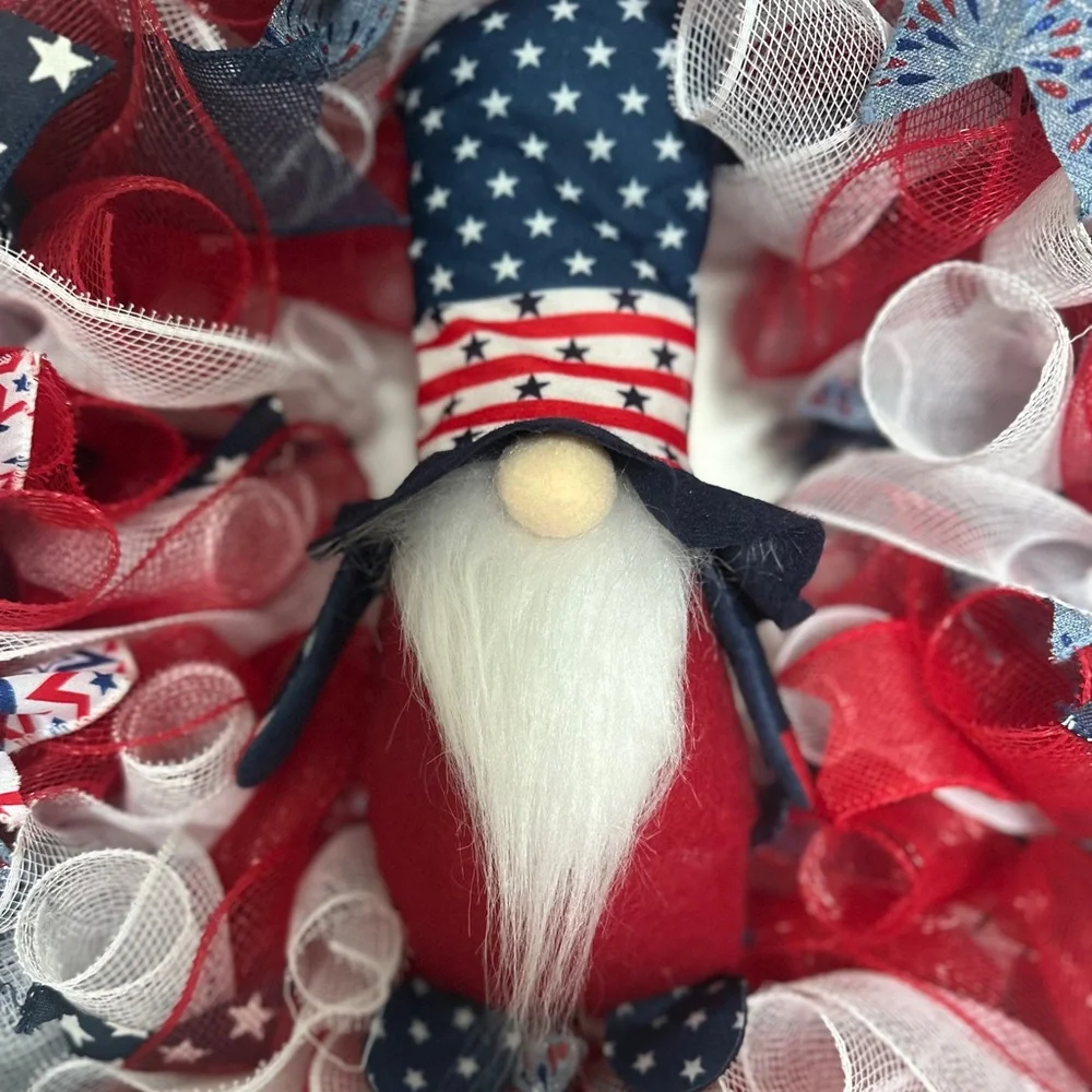Patriotic Gnome Wreath Red White Blue Americana Summer Door Decor 27 inch